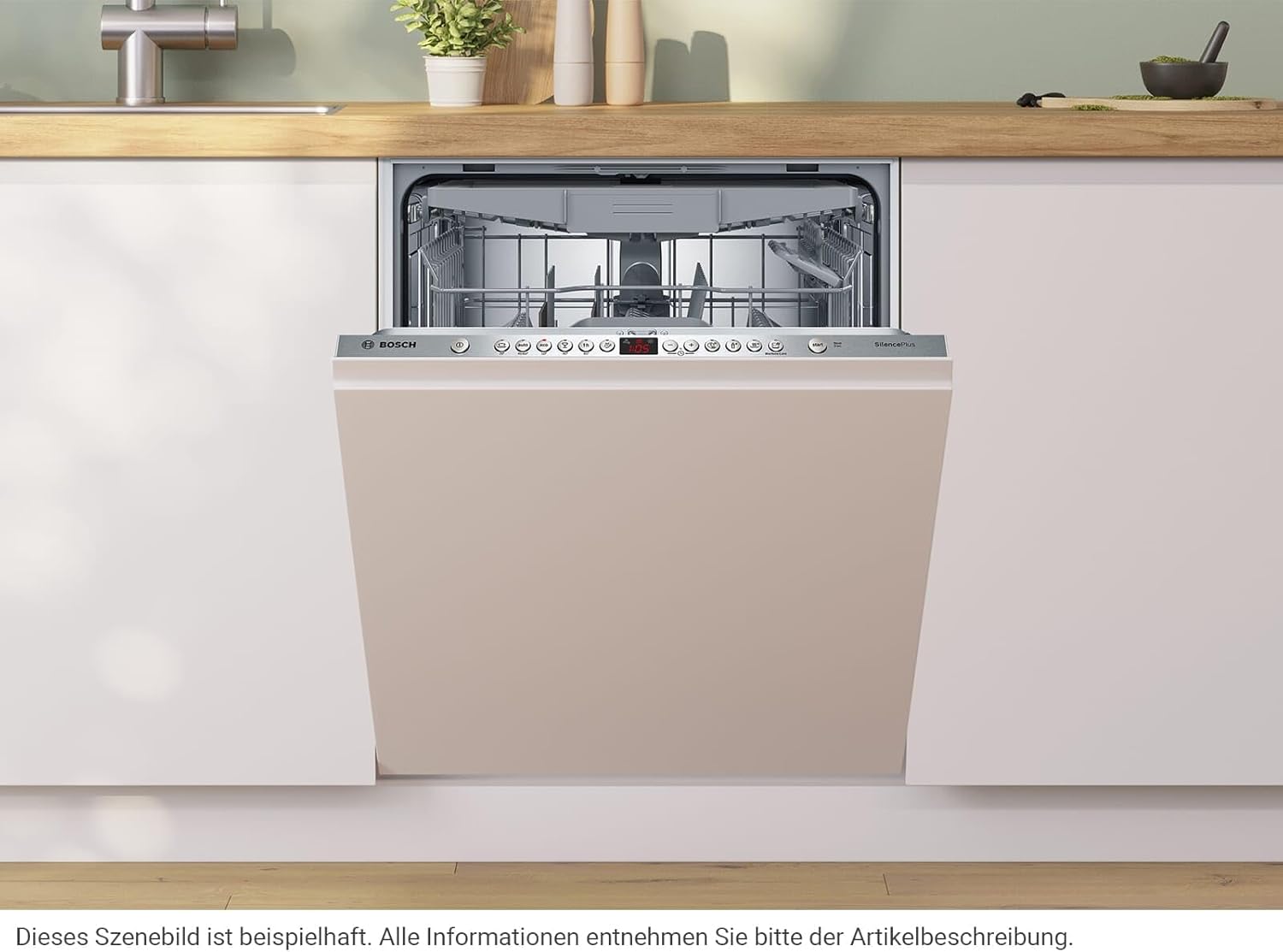 Bosch dishwasher integrated into a modern kitchen cabinet setup