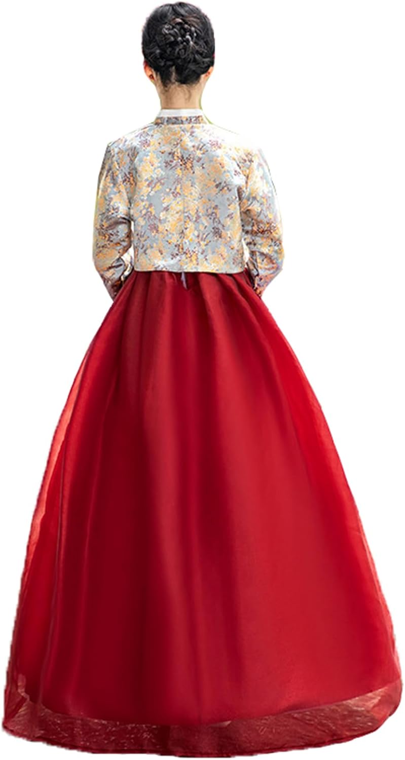 Women's Korean Traditional Hanbok Dress Floral Tops Long Mesh Skirt