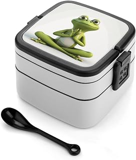 Bento Box Stackable Lunch Box with 2 Compartments Leak-Proof Food Storage Containers The Funny Frog Doing Yoga Bento Lunch Box for Adults Lunch Containers with Utensil Set, Black