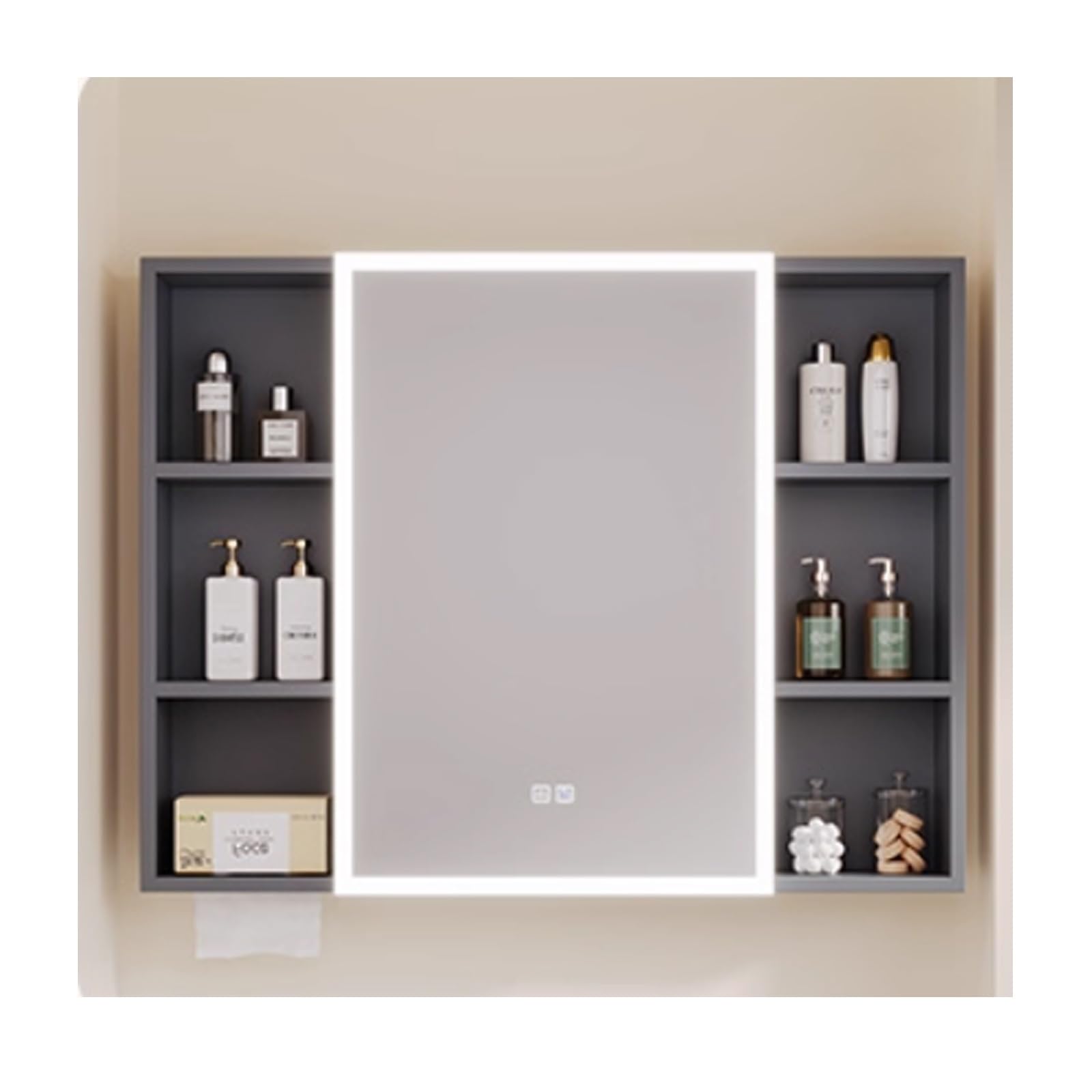 39,3 cala (ok. 100 cm) szersza, szara szafka ścienna z lustrem, aluminiową ramą, drzwiami i półką – stylowe i zajmujące niewiele miejsca rozwiązanie do wyposażenia łazienki.