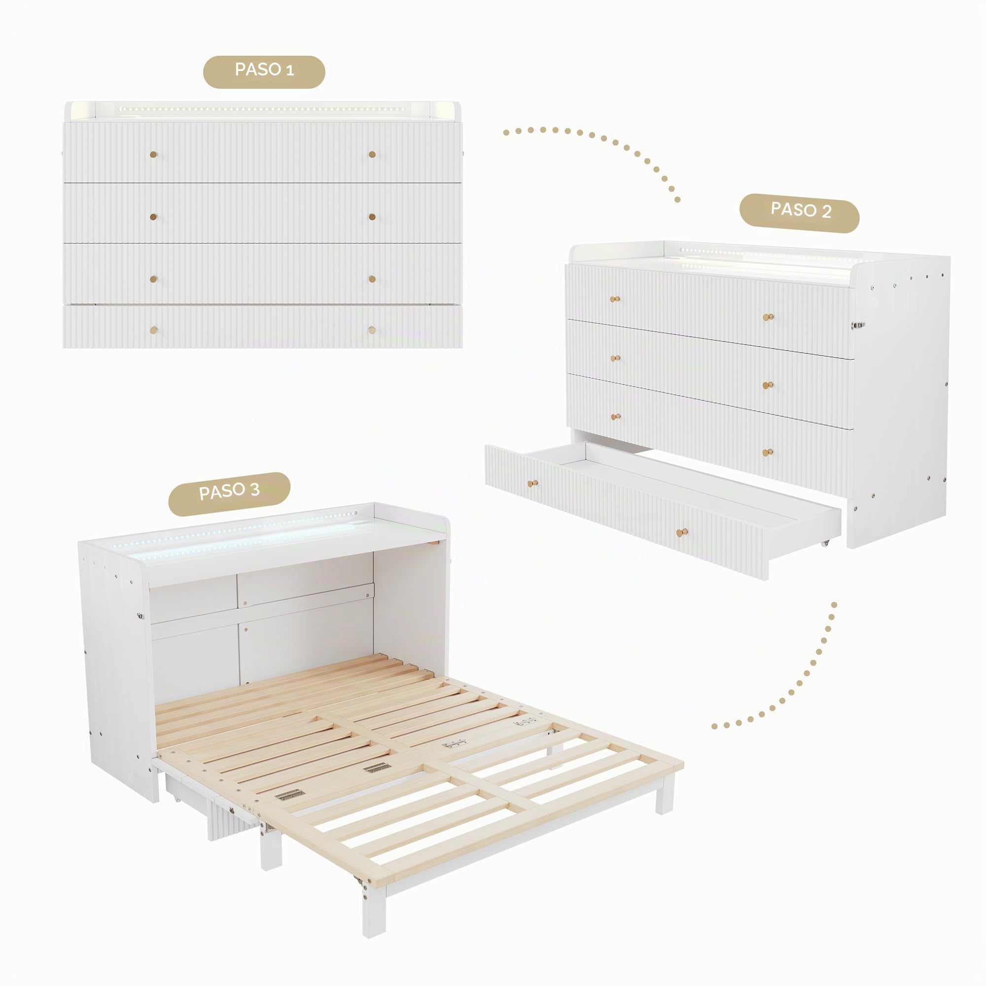 Armario cama, 140 x 200 cm, debajo de la cama se encuentran cajones, con USB y enchufe, barra de luz LED, con placa brillante, cama con plataforma convertible, sin colchón, color blanco