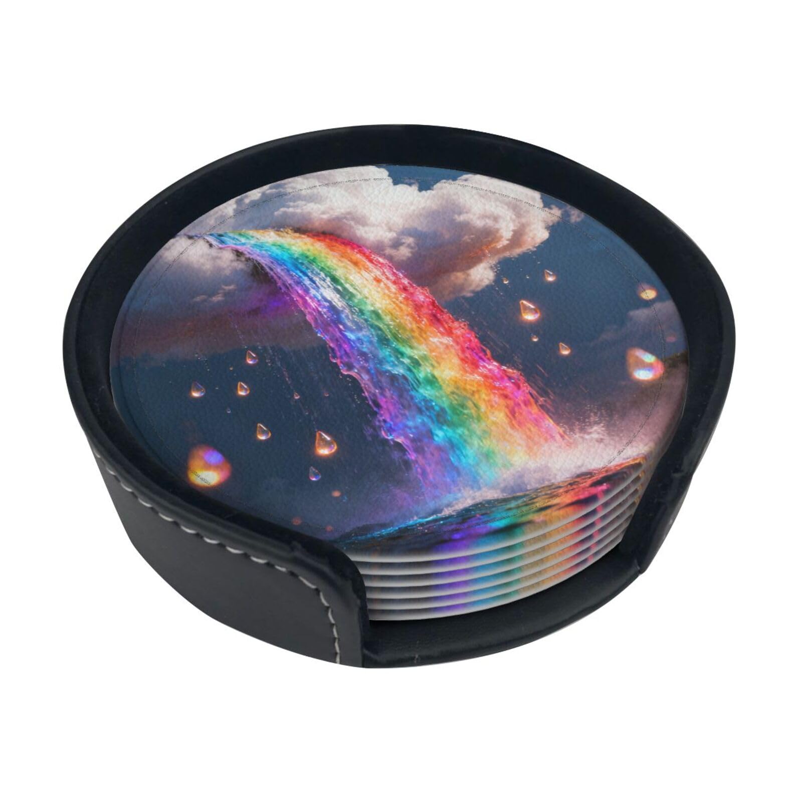 Colorful Waterfall Leather Coasters-Set of 6 with Storage Holder