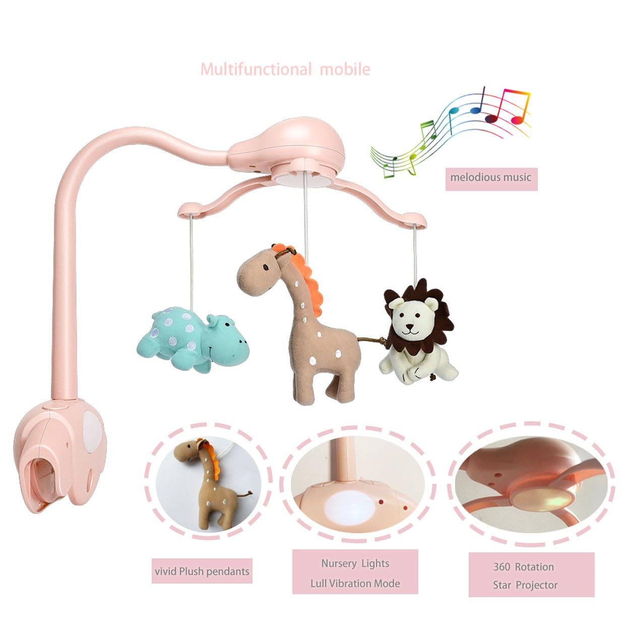Cutie Pumpkin Next to Me Crib Mobile,Music Cot Mobile for Baby Girls,Pink Bedside Crib Moble with Clamp,Music,Rotation,Natural Sounds,Timer Function,Starlight Projection - Image 2