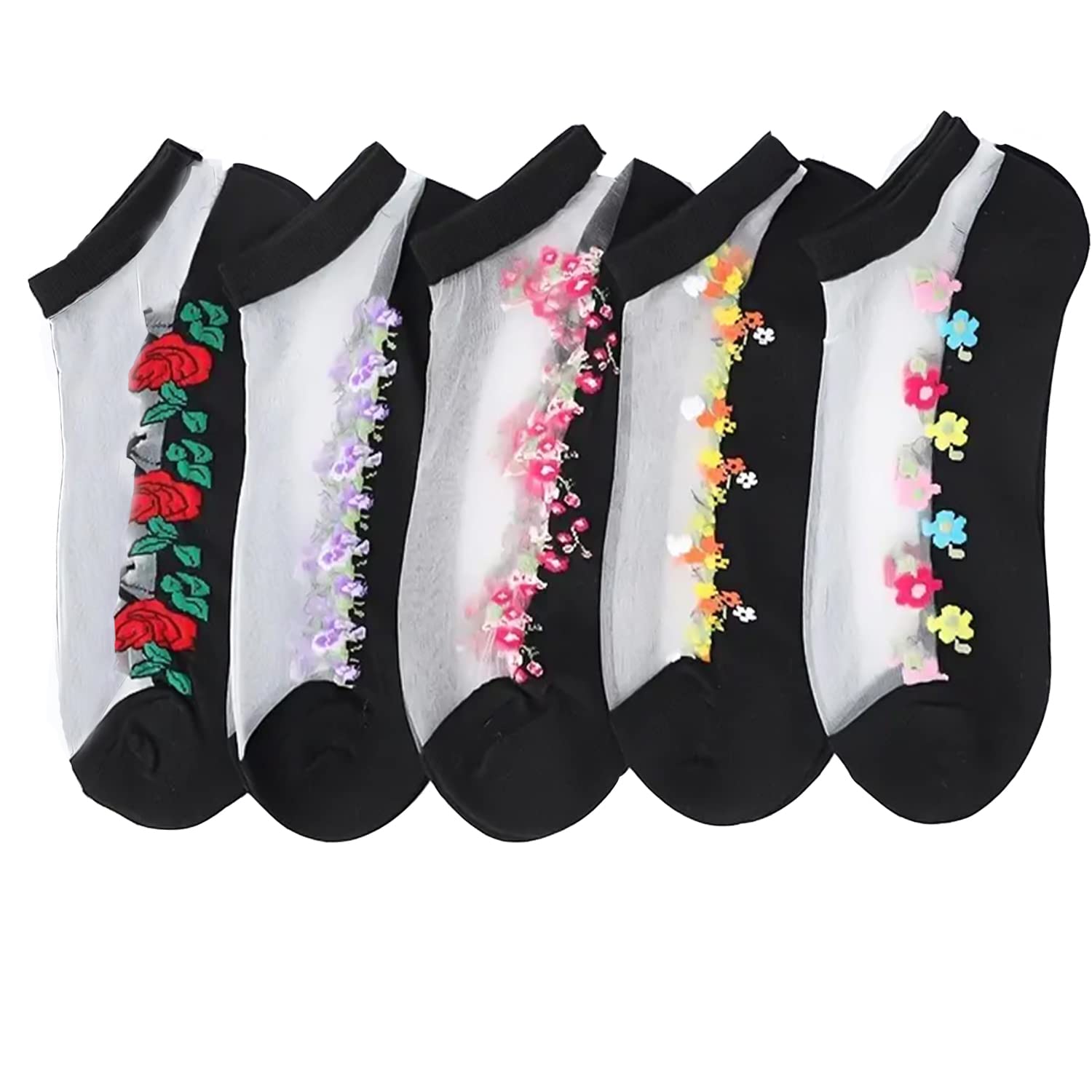 nicsy Transparent Floral Socks, Women's Girls Multi Color Socks Ankle Length Free Size Socks Pack of 5-picture-20