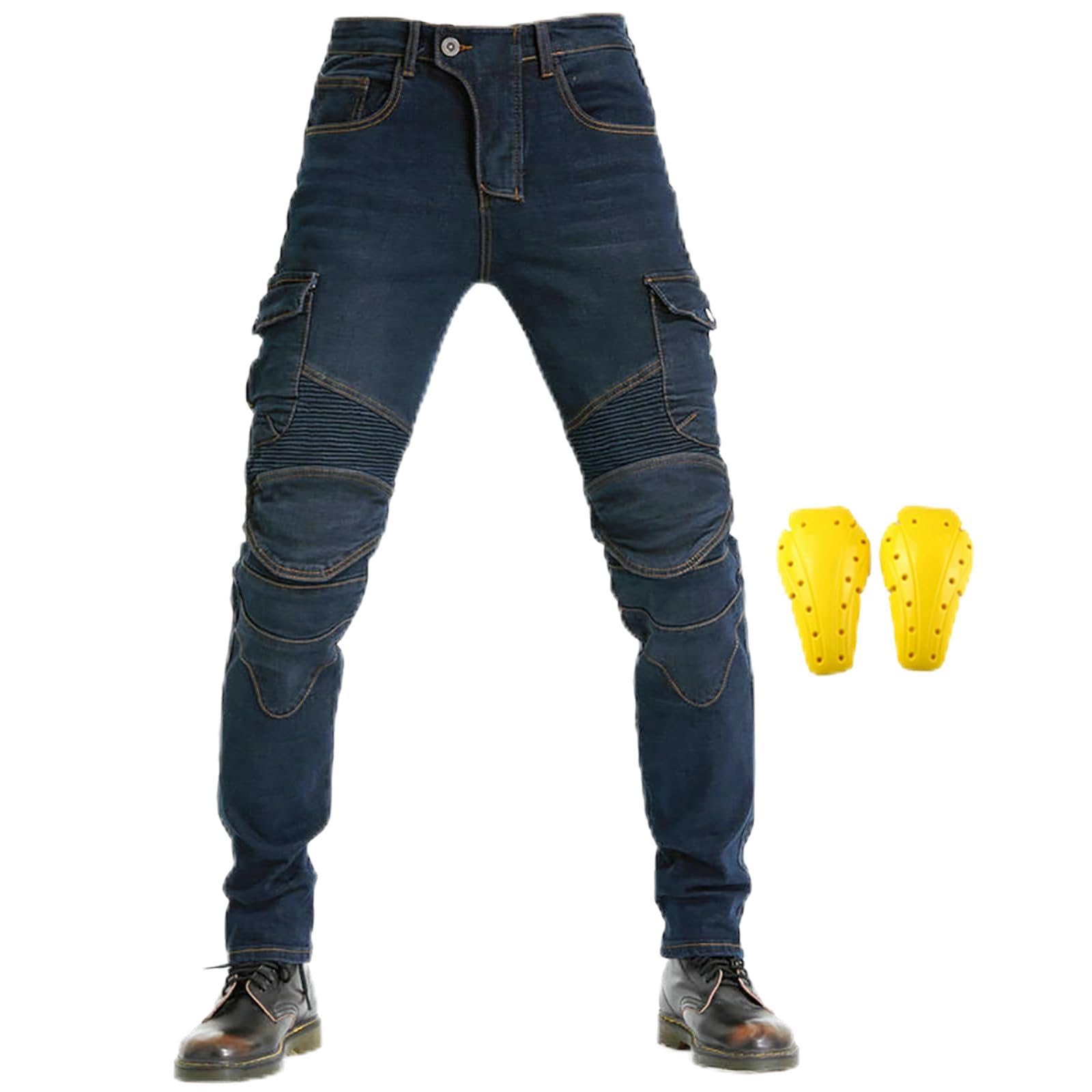 GEBIN Mens Motorcycle Jeans, Motorbike Pants for Men, Hip & Knee Removable Armored Denim, All-Weather Cycling Pants (Blau,L)