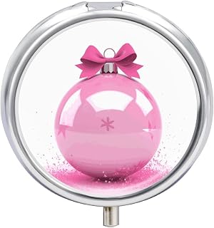 Round Daily Pink Christmas Ball Pill Case with 3 Compartment & Mirror | Metal Travel Medicine Organizer for Purse Pocket, Bpa-Free, Waterproof & Leak-Proof, Storage Tablet Meds Vitamins Supplements