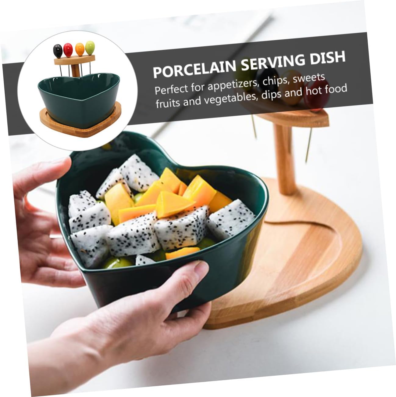 Alipis Heart-Shaped Ceramic Fruit Bowl Set with Forks Stylish Serving Dish for Fruits Salad and Snacks for Kitchen and Living Room Decor