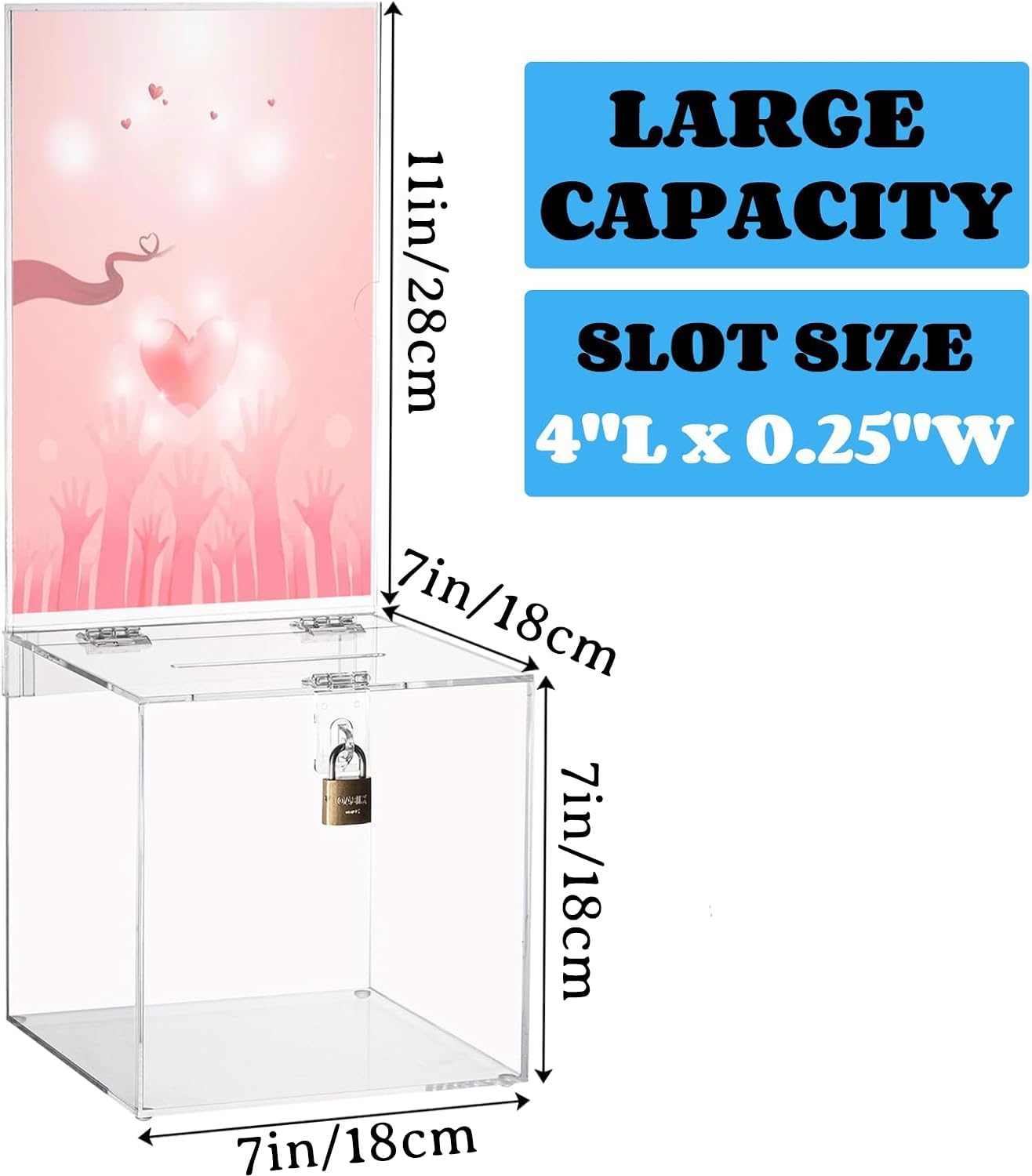 Youeon Square Acrylic Donation Box with Lock, 7 x 7 x 18 in Clear Suggestion Box with Slot and Lock, Ballot Tin with Sign Holder for Tip, Comment, Voting, Charity, Fundraising