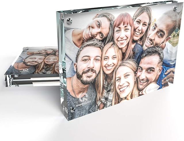 Kluger Punkt Free-standing Transparent Photo Frame [2-pack, 5x7 inch]. Frameless Double-sided Picture Frame featuring two 10mm thick acrylic glass blocks fixed by magnets.