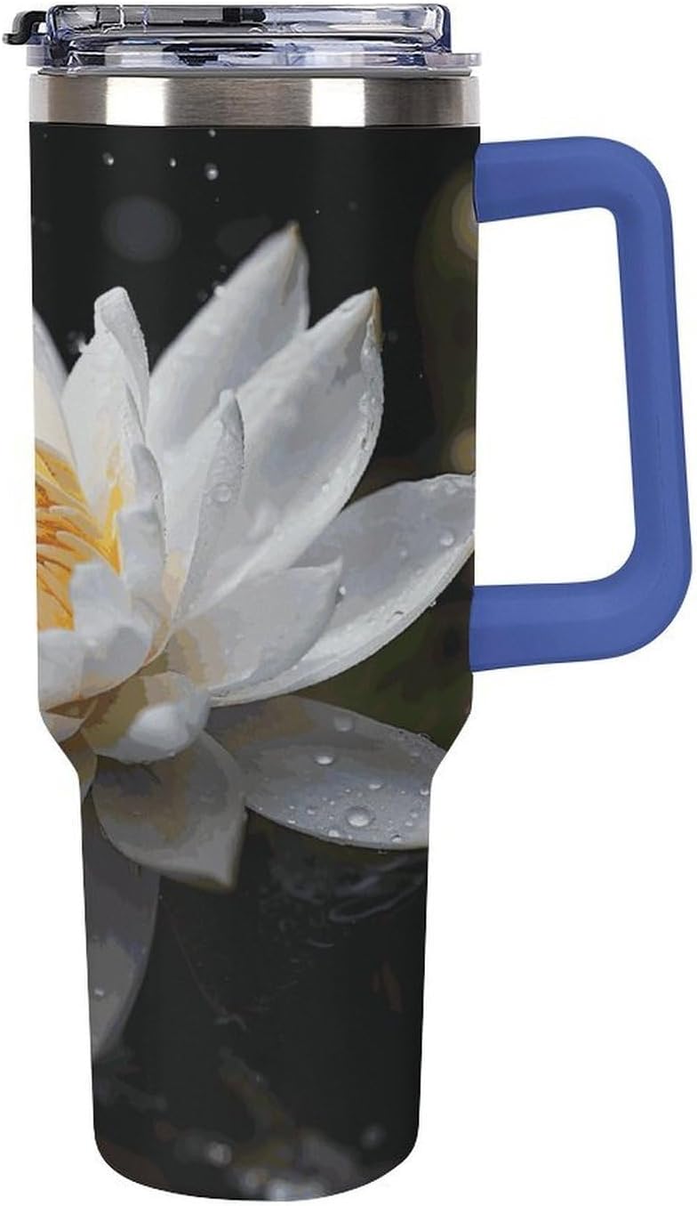 White Lotus Tumbler 40 Oz with Handle&Lid Large Car Cup Stainless Steel Vacuum Travel Mug Insulated Water Bottle Leak-proof Portable Coffee Cup for Home Car Outdoor