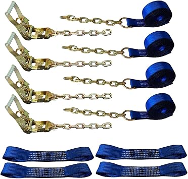 8 Point Roll Back Vehicle Tie Down Straps Kit with Chain Extension on Both Ends,Heavy Duty Car Hauling Straps for Trailers with Ratchet Handle, WLL 3333 LB for Flatbed, Towing and Hauling,Blue