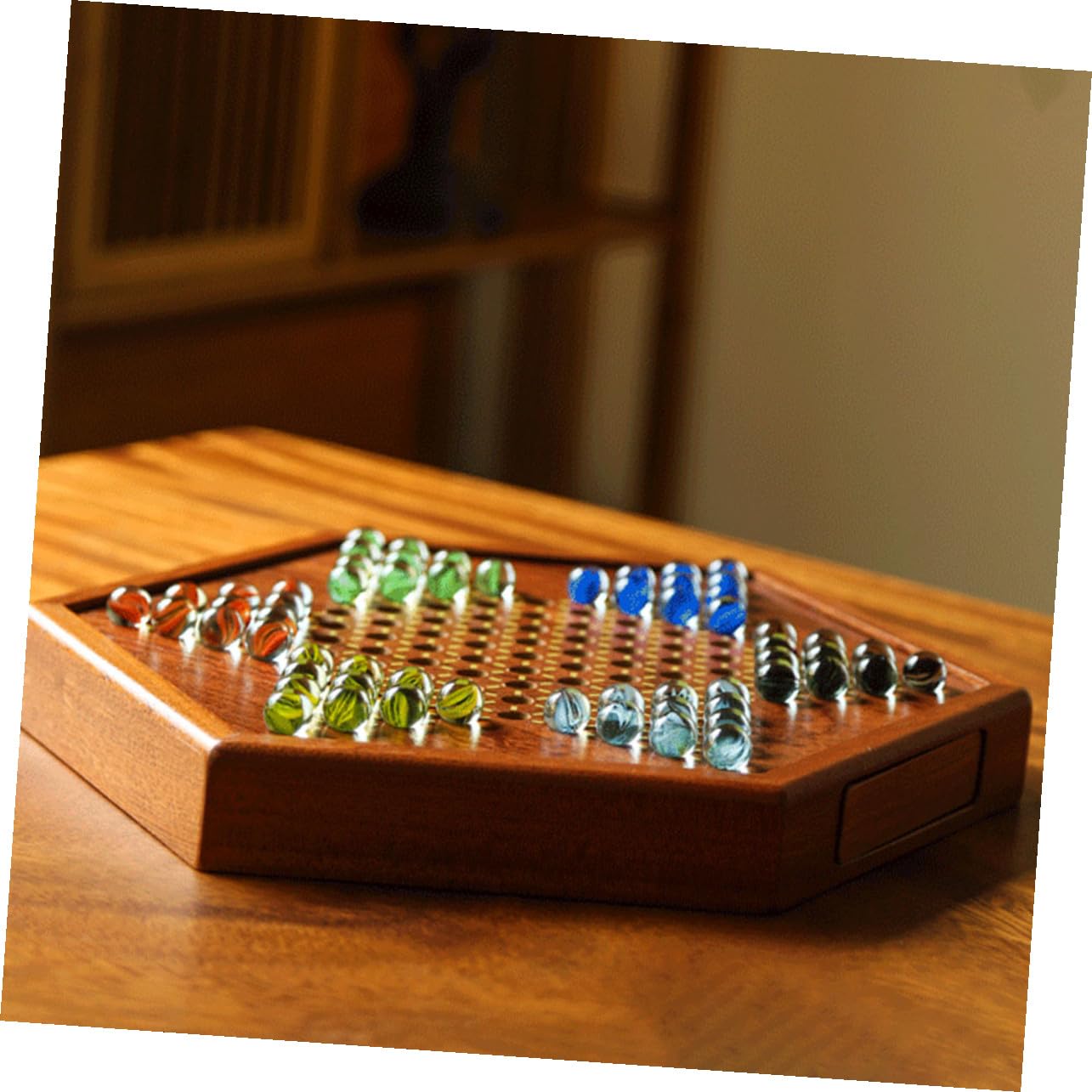BESTonZON Gioco Cinese in Legno Naturale con Biglie di Vetro Colorate Scacchiera Esagonale con Cassetto per Adulti Gioco Strategico da Tavolo per Famiglie