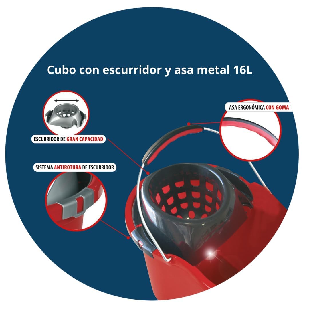Suinga FREGONA Professional Robuster Eimer, oval, 16 Liter, mit Abtropffläche und anatomischem Griff, Rot