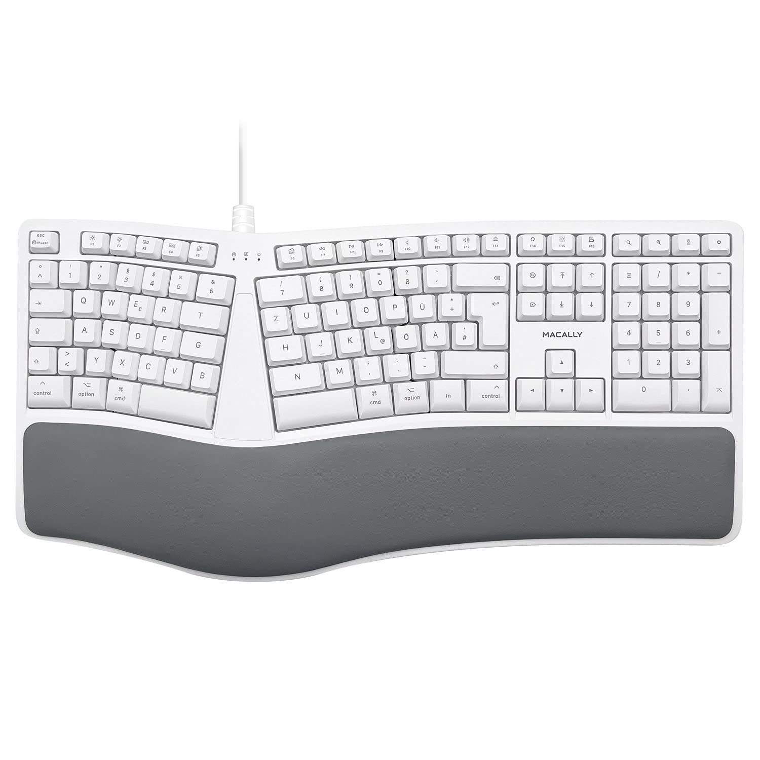 Macally MERGOKEY-DE, Tastiera ergonomica USB-A cablata con poggiapolsi, Layout QWERTZ Tedesco