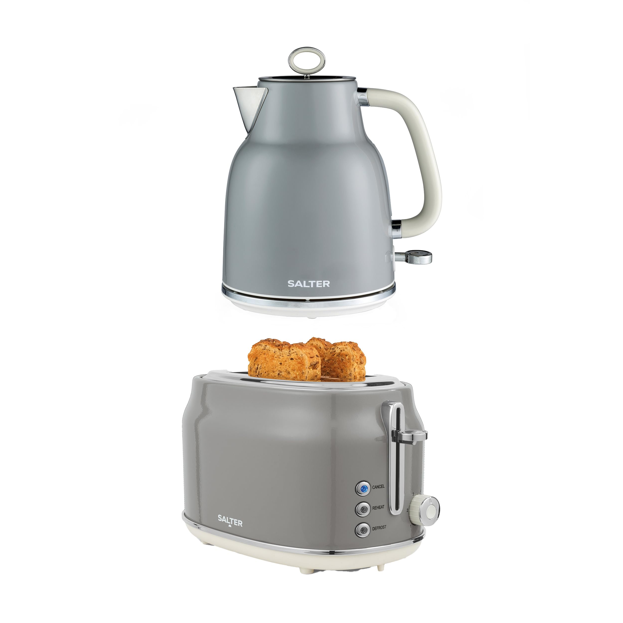 Salter Retro Grey Kettle & Toaster Set – 1.7L 3KW Rapid Boil Cordless Kettle with Boil Dry Protection & Auto Shut-Off, 815W 2-Slice Wide Slot Toaster with 6 Browning Levels & Defrost/Reheat/Cancel — image 1