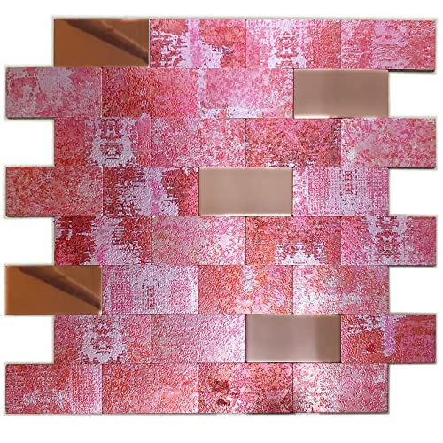 Homeymosaic Backsplash Metal Tile Peel And Stick On Kitchen Bathroom Fireplace Laundry Subway Wall Tiles In Peacock Pink&Mirror Copper,1-Sheet #TOP13