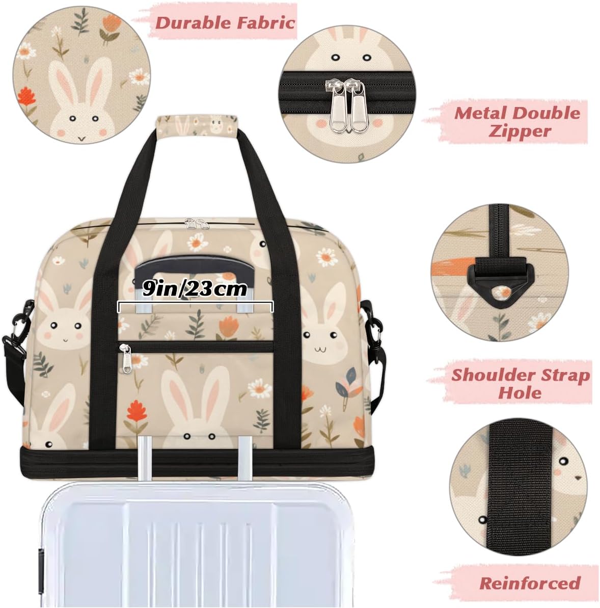 QsirBC Rabbit Lovely Style Gym Bag for Women Duffle Tote with Shoes Compartment Men Weekender Duffel for Dance Travel Sports Swimming Overnight