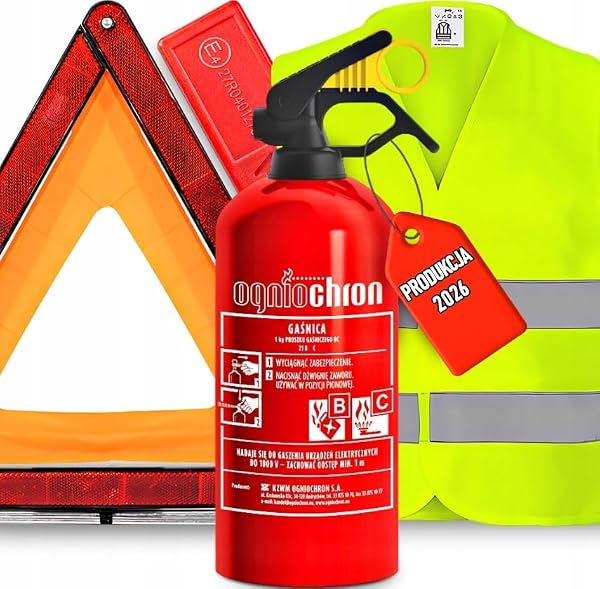 AGMI Gaśnica proszkowa1KG Samochodowa Trójkąt ostrzegawczy w etui Kamizelka