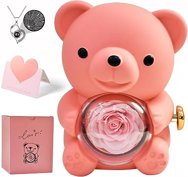 Cute Teddy Bear with Preserved Rose, Rose Teddy Bear Eternal Flowers Rotating Rose Gifts for Her I Love You in 100 Languages Necklace for Girlfriend Wife Mom Grandma on Birthdays Anniversaries Pink