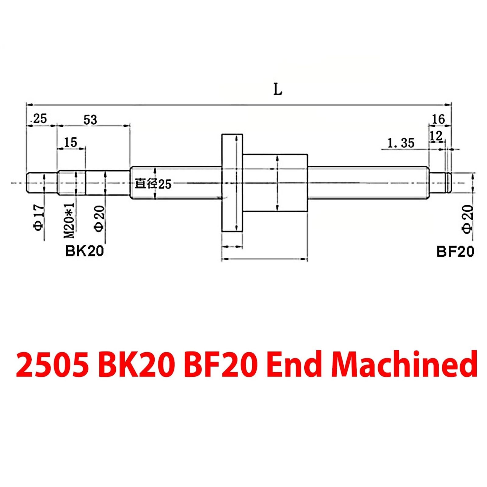 SFU2505 śruba kulowa, klasa jakości C7, średnica 20 mm, nachylenie 5 mm, nachylenie, BK20 BF20 wrzeciono kulowe do platformy pozycjonowania podróży etapowych (1250 mm)