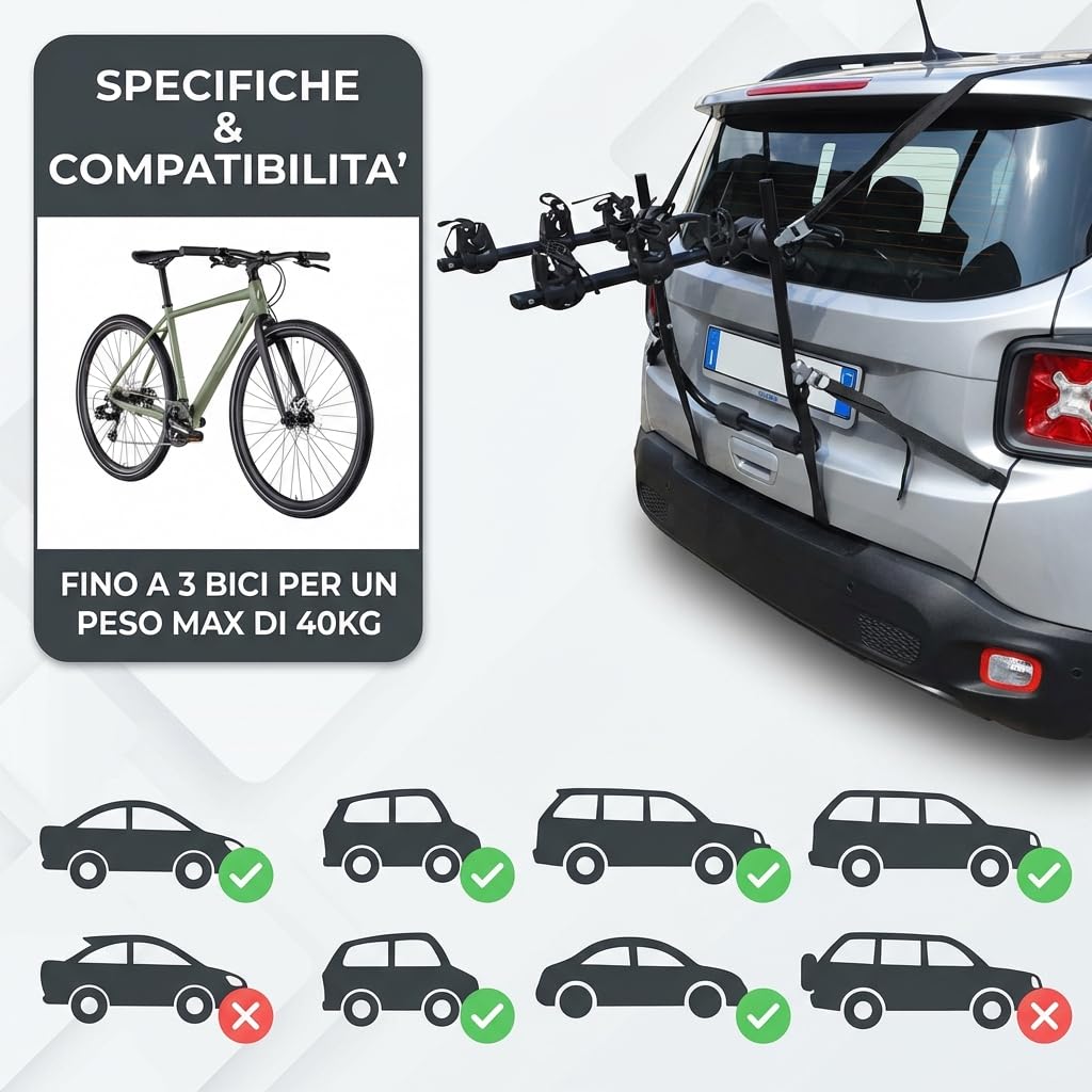 Susy Shop Porte-vélos arrière universel pour voiture, capacité 3 vélos, 40 kg, pliable, acier avec bandes en nylon et crochets