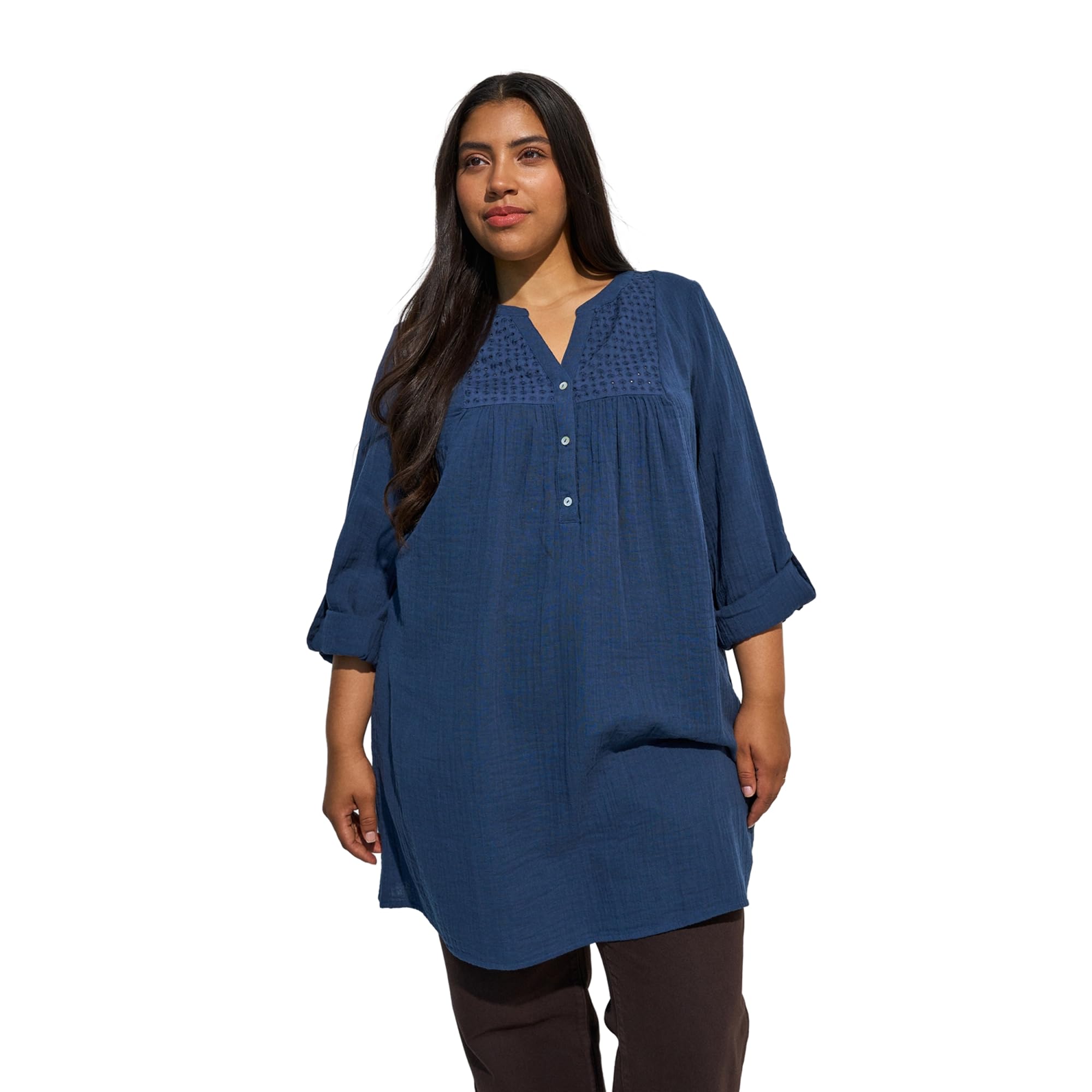 Zizzi Tunique en mousseline de coton pour femme - Manches 3/4 - Taille 42-60