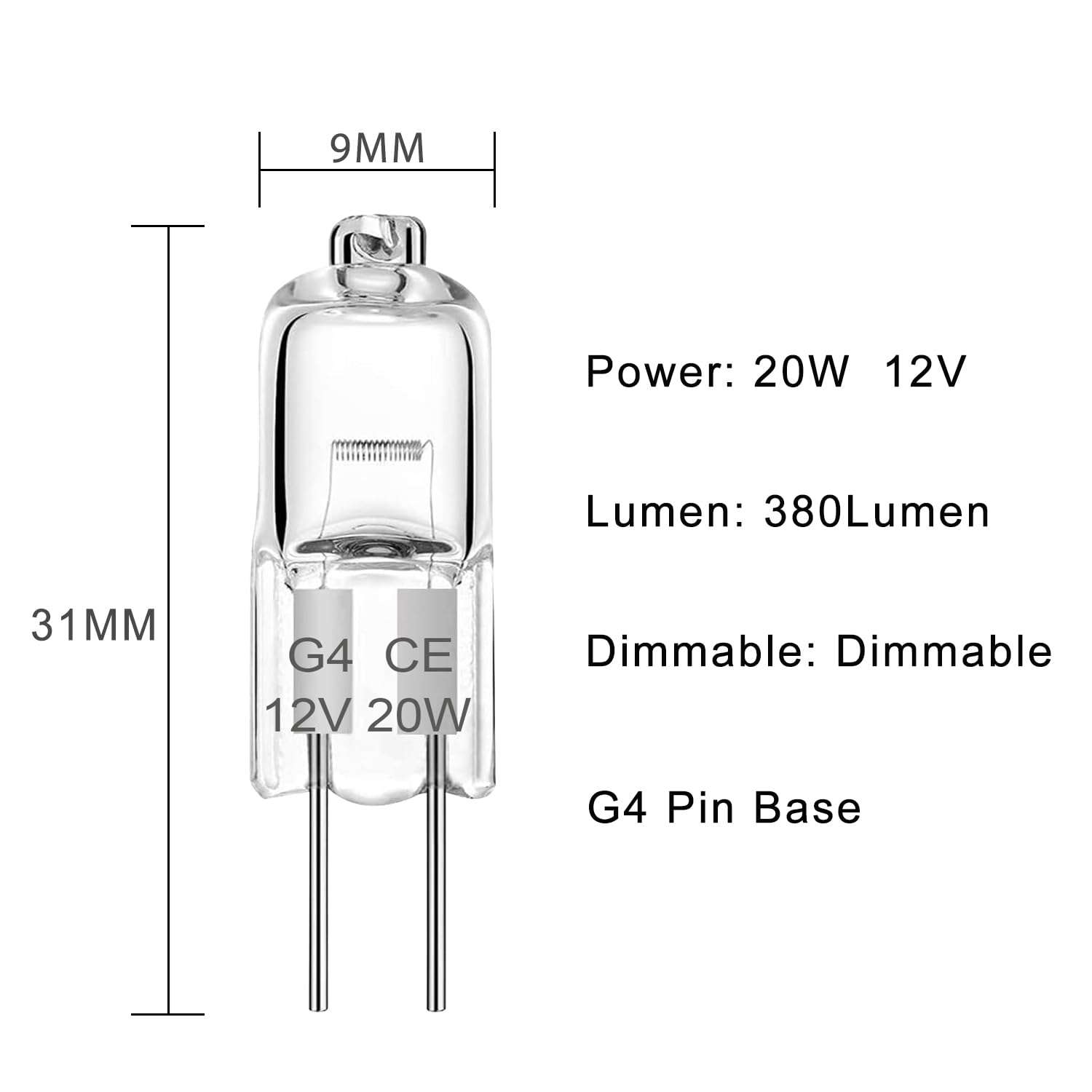 G4 żarówka halogenowa 12 V 20 W, 2 piny, przezroczyste lampy kapsułkowe, ciepła biel 2700 K, długi 生命周期