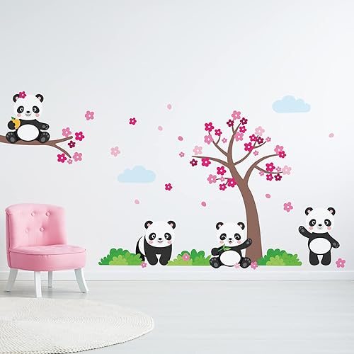 Calcomanías de pared con diseño de oso panda y flores para dormitorio infantil y guardería, calcomanías para niños