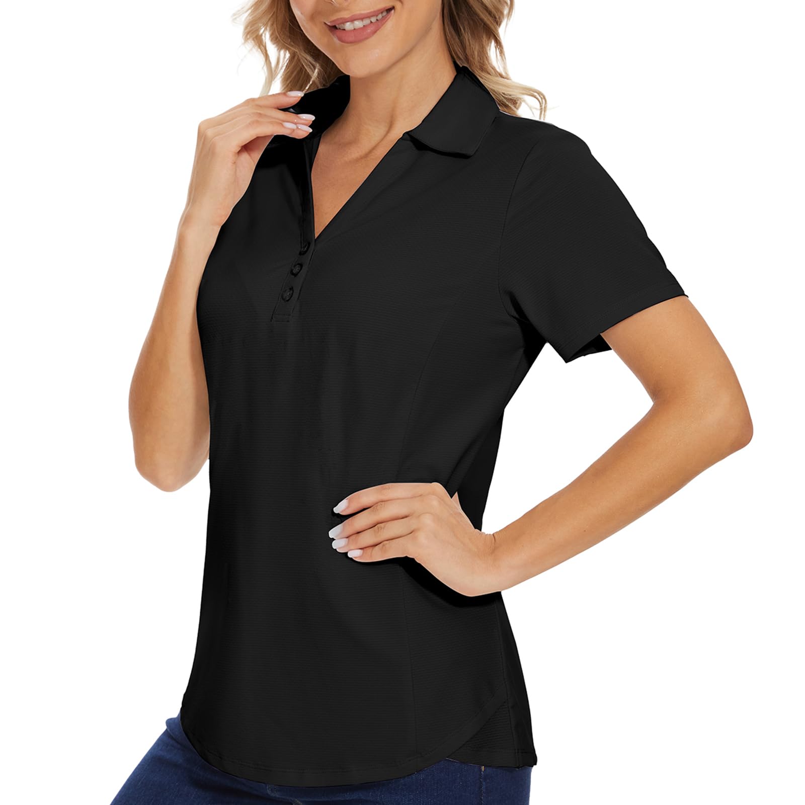Women's Polo Shirt 3/4 Long Sleeve Golf Quick Dry T Shirts UPF 50+ Athletic Casual Work Shirts Tops for Women Small Short Sleeve-black