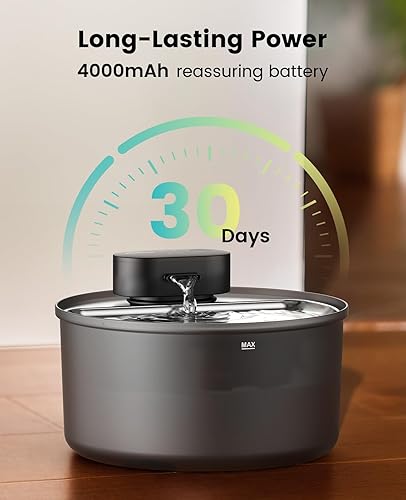 Miniatura 7 de Fuente de agua para gatos con bandeja de acero inoxidable Fuente inalámbrica oneisall para mascotas de 108 oz3.2L para gatos en interiores,