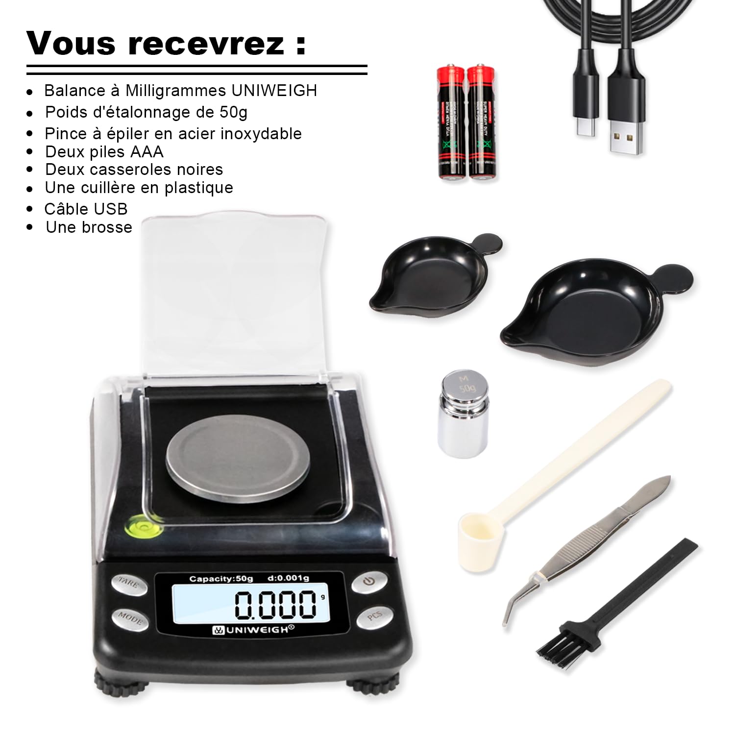 UNIWEIGH Balance Digitale Précise 0.001g/50g en Milligramme - Pour Bijoux, Poudre, Or - Micro Balance Avec 6 Unités, Tare, Poids Calibre - De Poche Avec USB et Batterie | Balance de précision pour bijoux, or, pierres précieuses, rechargement, micro-gramme