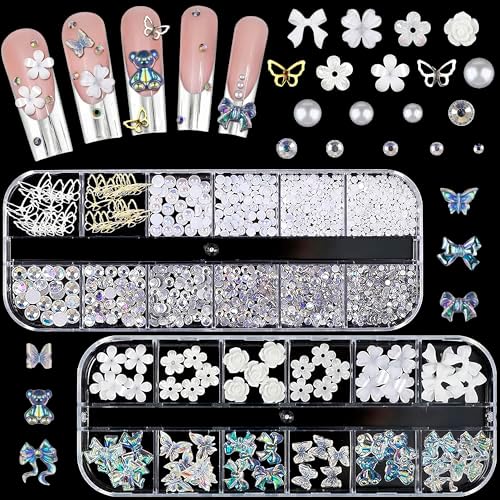 Rhinestones for Nails – Bow Nail Charms 520 Pcs Set with Gems, Butterfly Charms, 3D Flowers & Сrystals – Alloy Jewels for Nail Art, DIY Decorations, Weddings, Party Manicures & Creative Y2K Designs