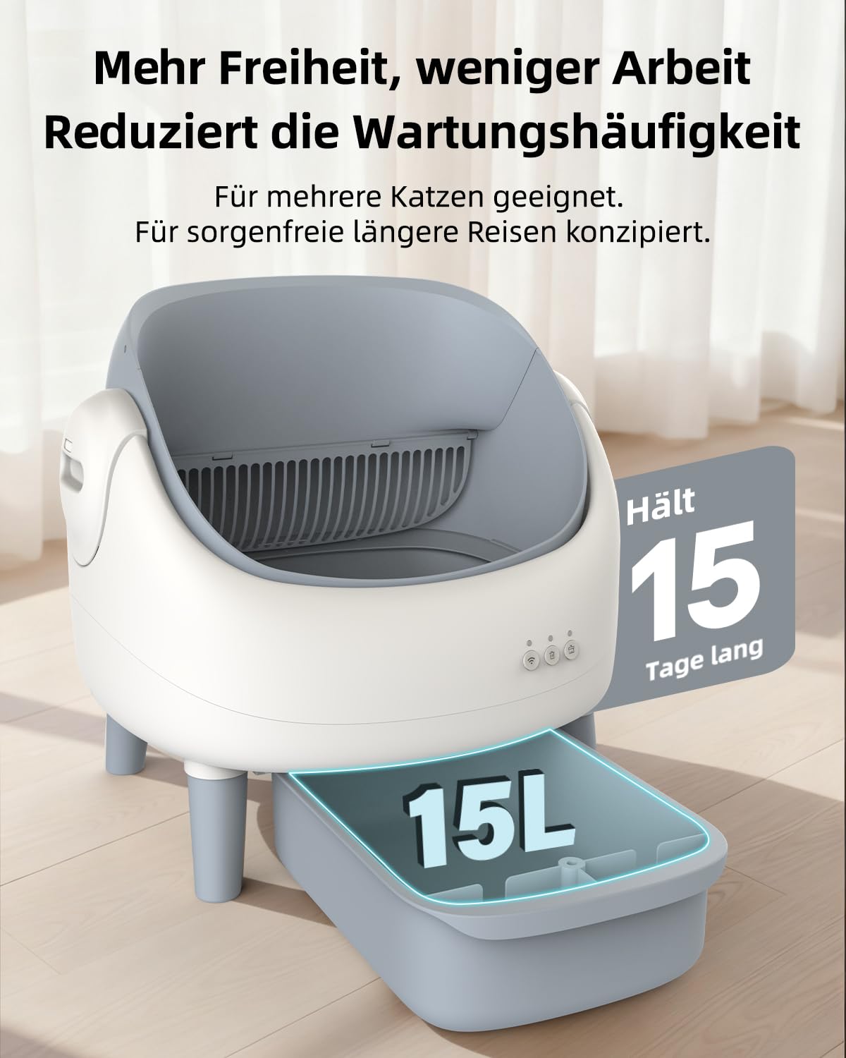 Selbstreinigende Katzentoilette Offen, Katzenklo Selbstreinigend mit APP-Steuerung, Dual Sicherheitssensoren, Intelligenter Einklemmenschutz, Inklusive Müllbeutel, für Mehrere Katzen