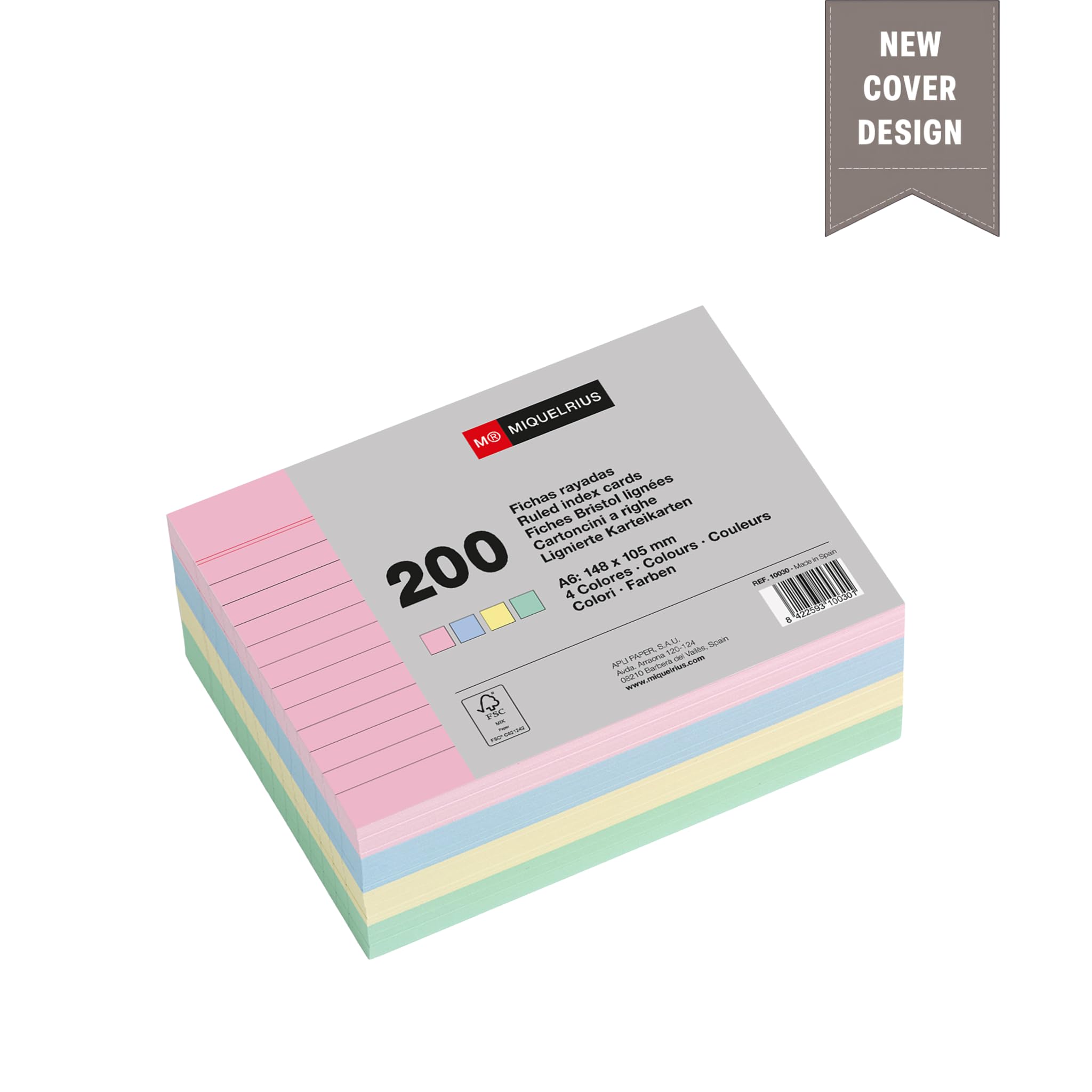 Miquelrius – Fiszki do nauki, 200 kartek na notatki, poziomo w linie, format A6, 105 x 148 mm, papier offsetowy 200 g/m², pastelowe kolory