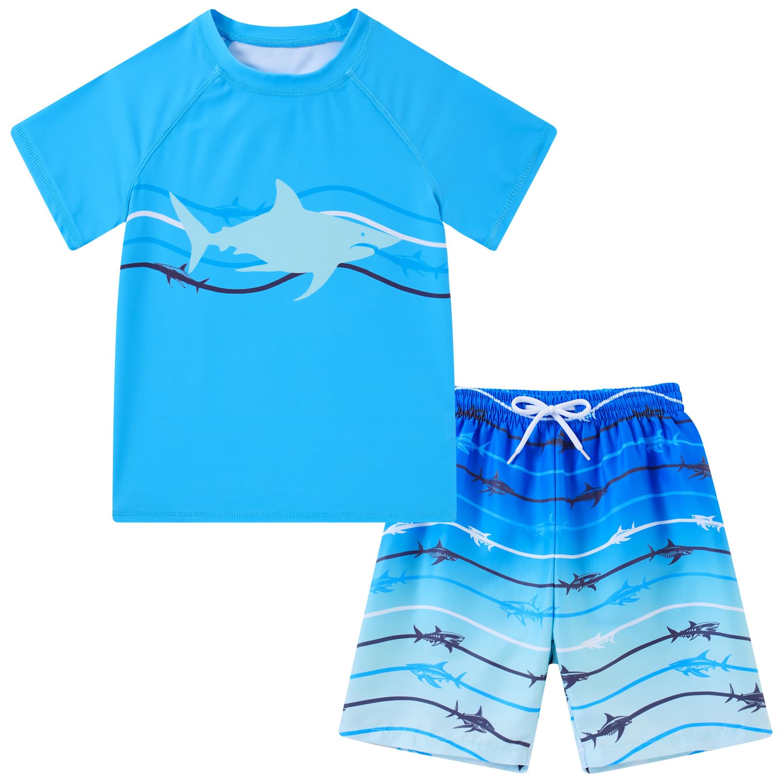 Love Wood Boys Shark Swim Set Swim Trunk Swimsuit Sets Bathing Suit Blue Rash Guard Swimming Suit for Boy 7T 8T