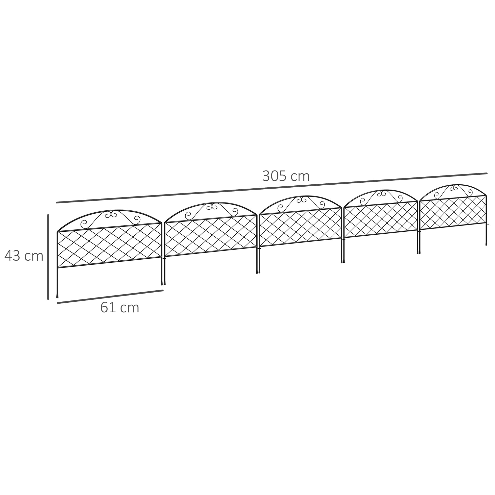 Outsunny Lot de 5 Panneaux de Clôture de Jardin Décoratives en Métal, Bordure de Jardin, pour Parterre de Fleurs - Dim. 305 x 43 cm, Noir