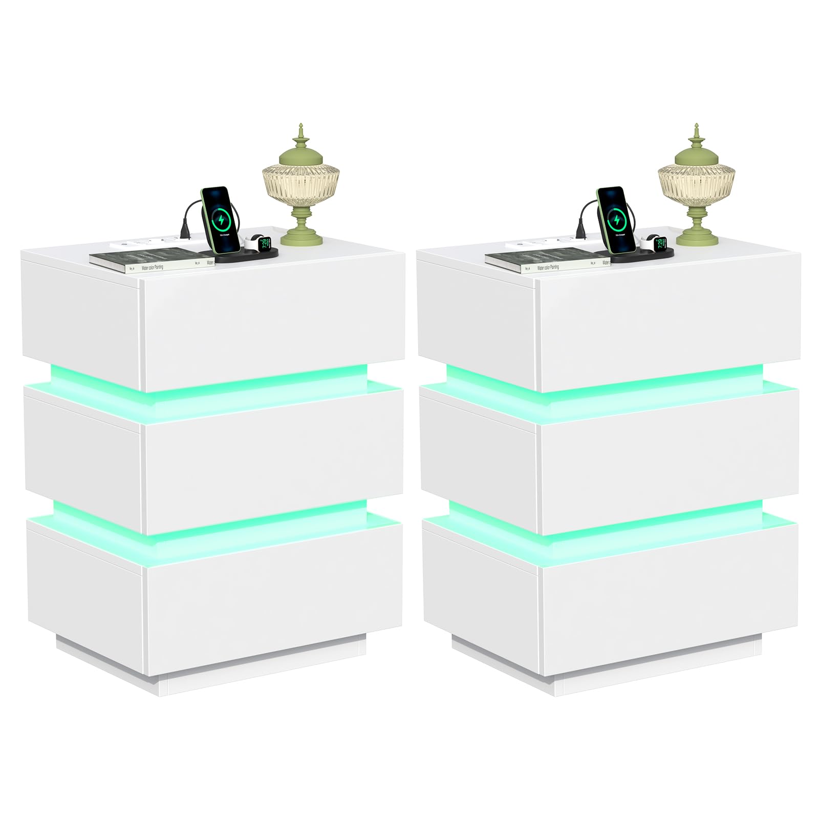 2er Set Nachttisch mit Steckdose und led, Nachtschrank mit USB und ladefunktion, Nachtkommode mit 3 Schubladen (45x35x62cm, Weiß)