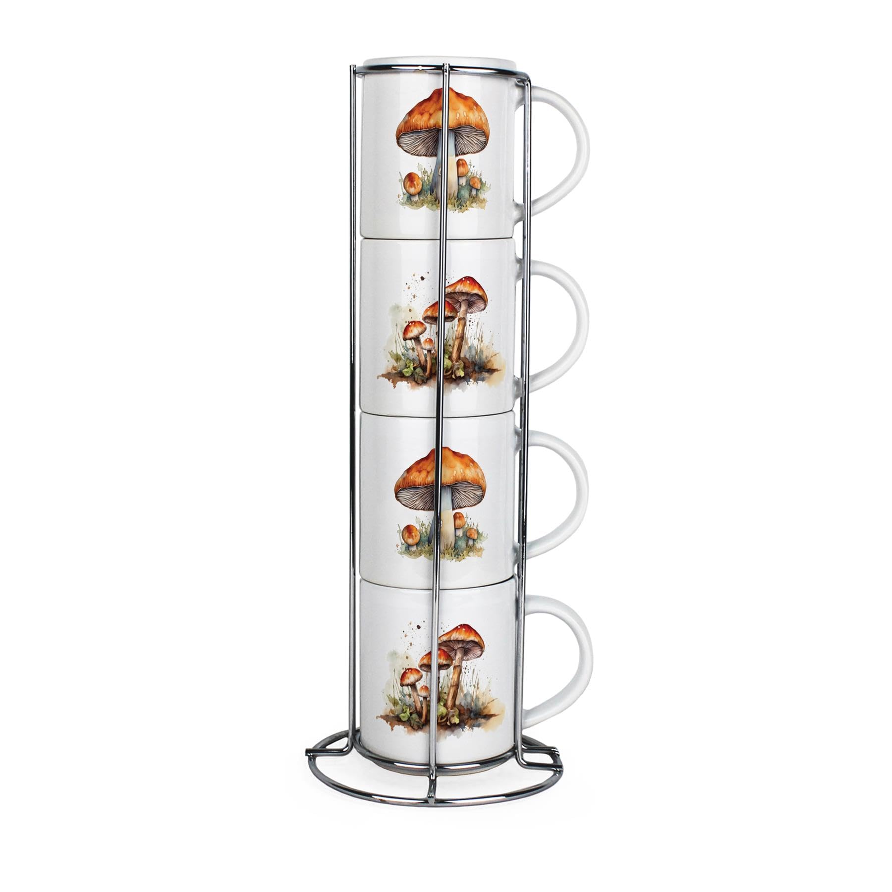 Purely Home Wild Mushrooms Stacking Mugs Set - Forestry & Nature Themed Presents - Set of 4 Small Ceramic Mugs Gift Set with Metal Stand