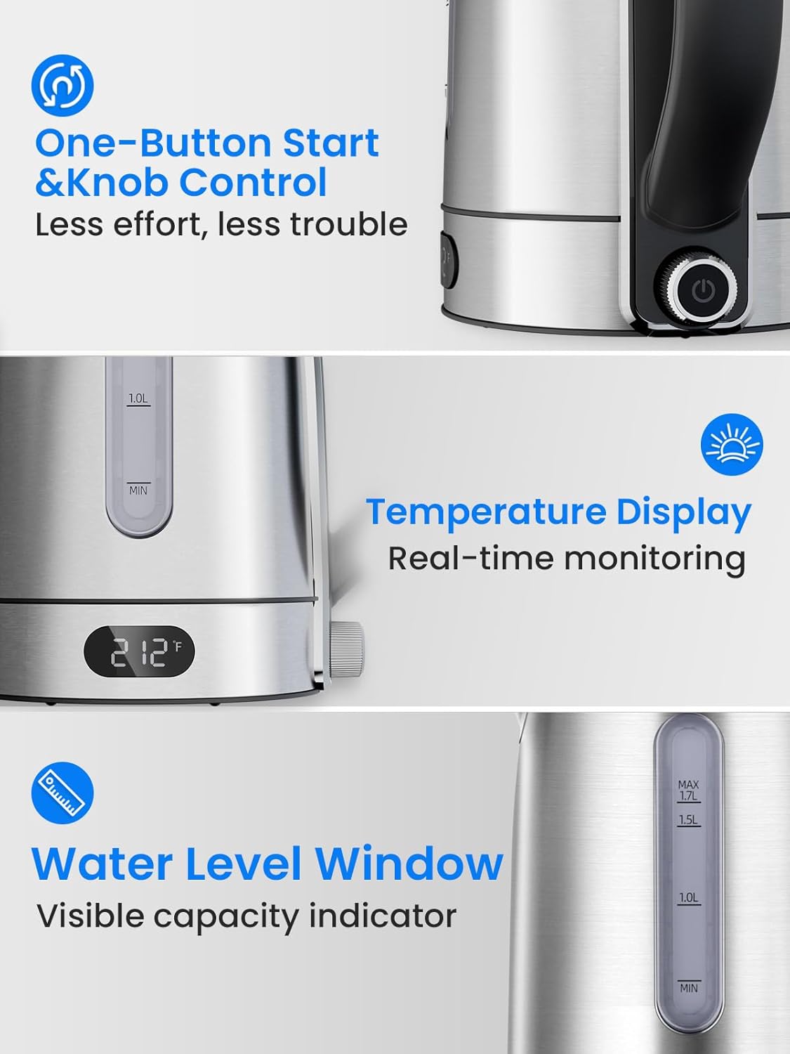 Close-up of Kismile Electric Kettle controls and water level window