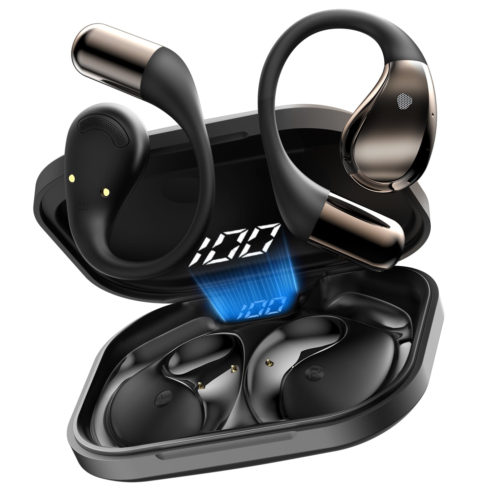 Cuffie Open Ear, Auricolari Sportivi Bluetooth 6.0, 40 Ore Cuffie Bluetooth con Stereo HiFi, Chiamate Chiare, Cuffie Wireless Impermeabile IP7 con Gancio Morbido e Controllo Tattile Nero lucido