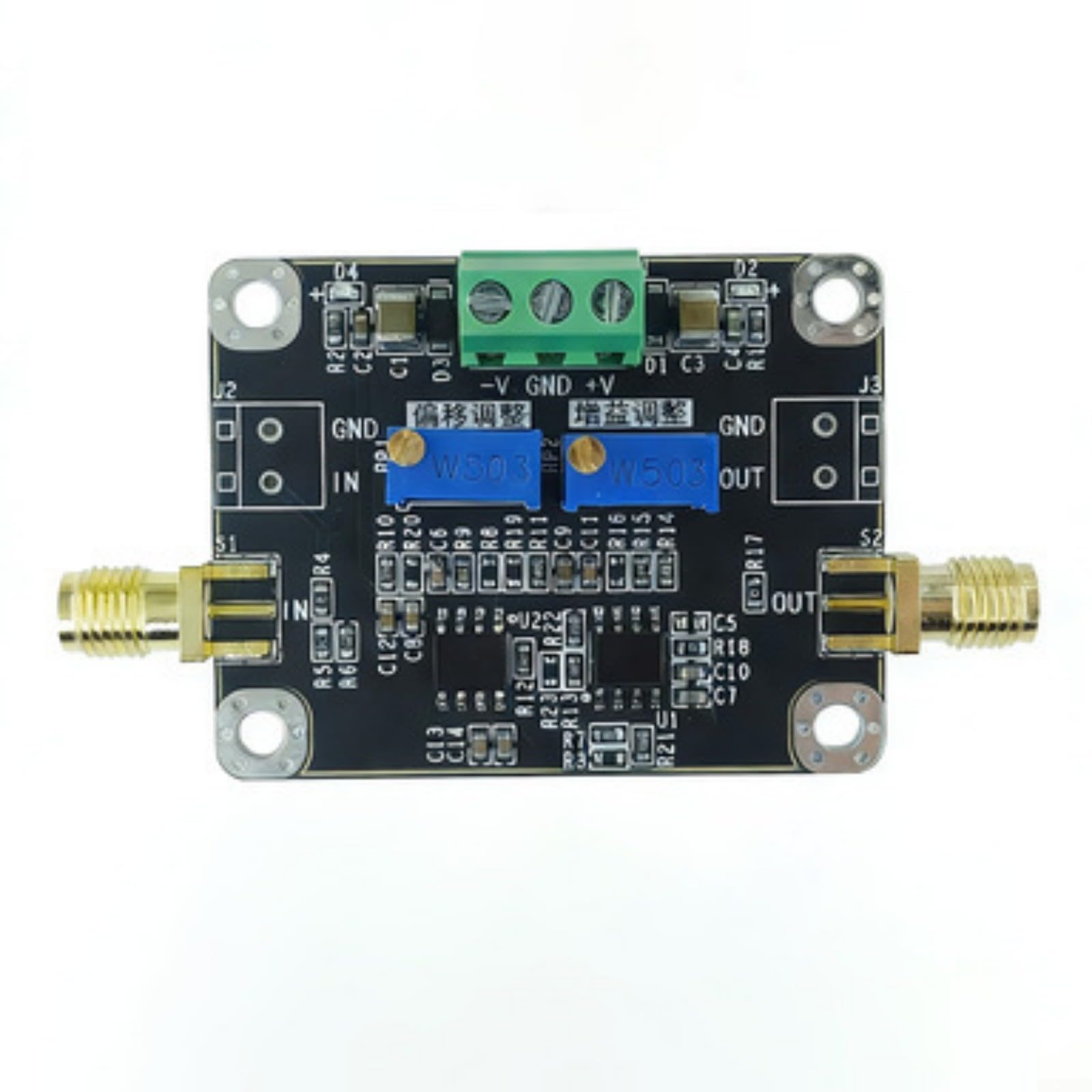 Módulo amplificador con amplificación ajustable de 1 a 13 x y ± 11 V CC, ± 5 V hasta ± 18 V, ancho de banda de 2 MHz, para conexión SMA