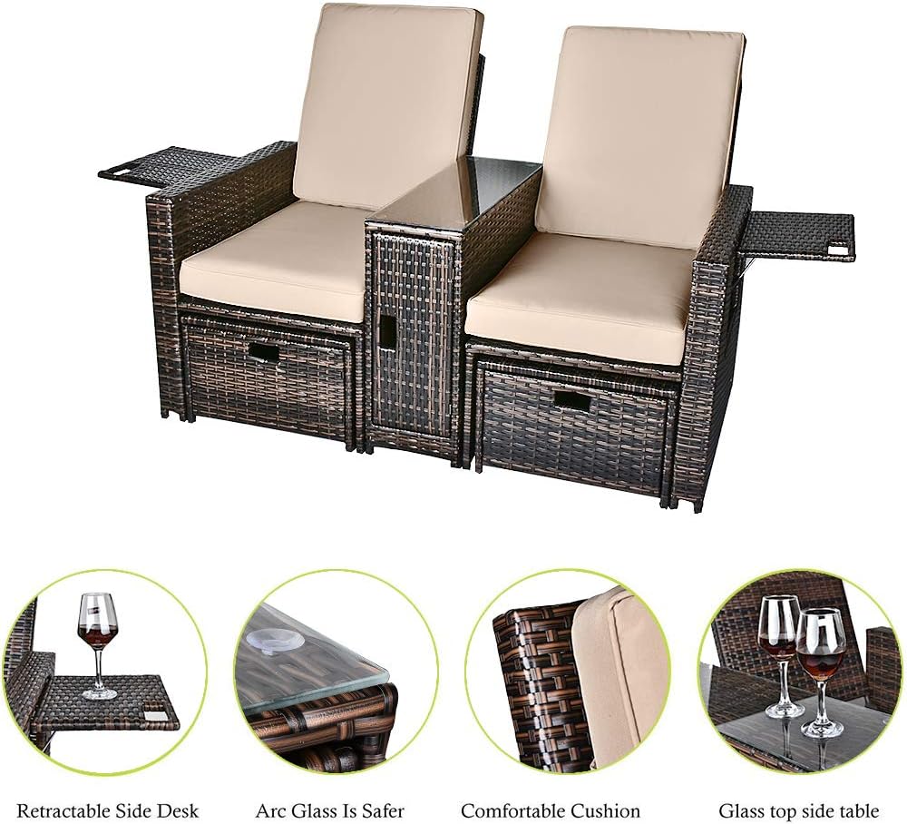 Patio Wicker Loveseat - Outdoor Rattan Sofa Set with Cushion - Adjustable Lounge Chair with Ottoman Footrest, Wicker Furniture for Garden, Patio, Balcony, Beach, Coffee Bar, Deck