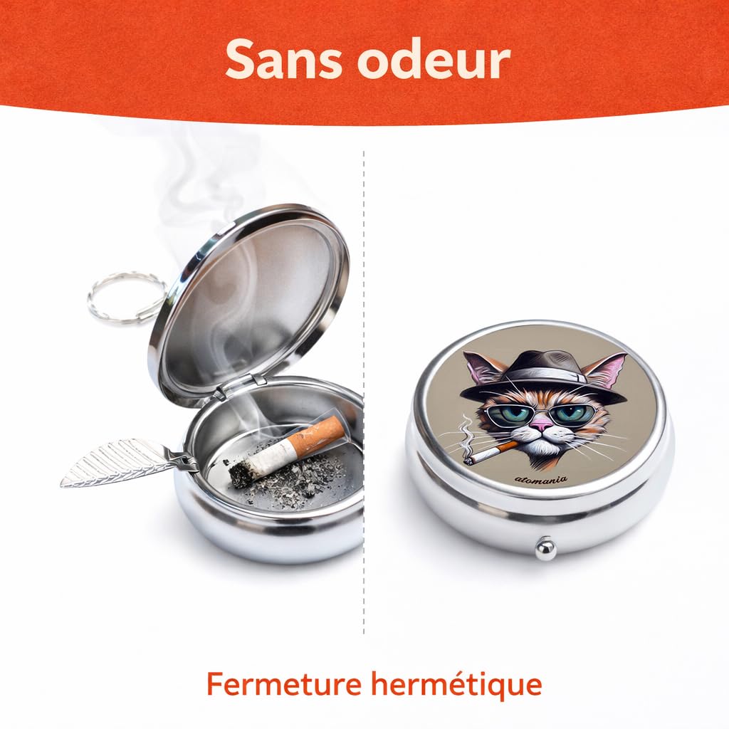 Cendrier de poche Pause Chat – Message humoristique – Chat stylé lunettes & chapeau – Étanche anti odeur – Acier inoxydable – Porte clé amovible – Compact 5 cm 70 g – Accessoire fumeur fun – Atomania