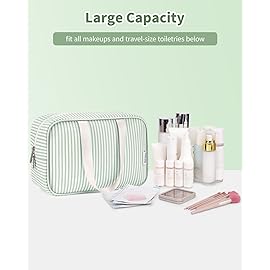 Full Size Toiletry Bag Women Large Cosmetic Bag Travel Makeup Bag Organizer Medicine Bag for Toiletries Essentials Accessories (Mint Green Stripe, Large)