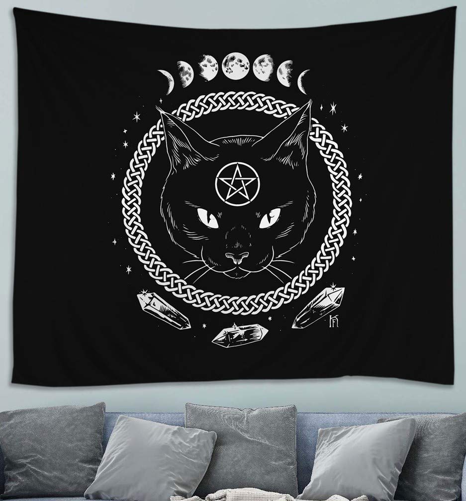Awesocrafts White Tapestry Wall Hanging Cat Black Moon Phase, Tapestries For Bedroom College Dorm Living Room Wall Decor Art (Cat, 59X79 Inch)