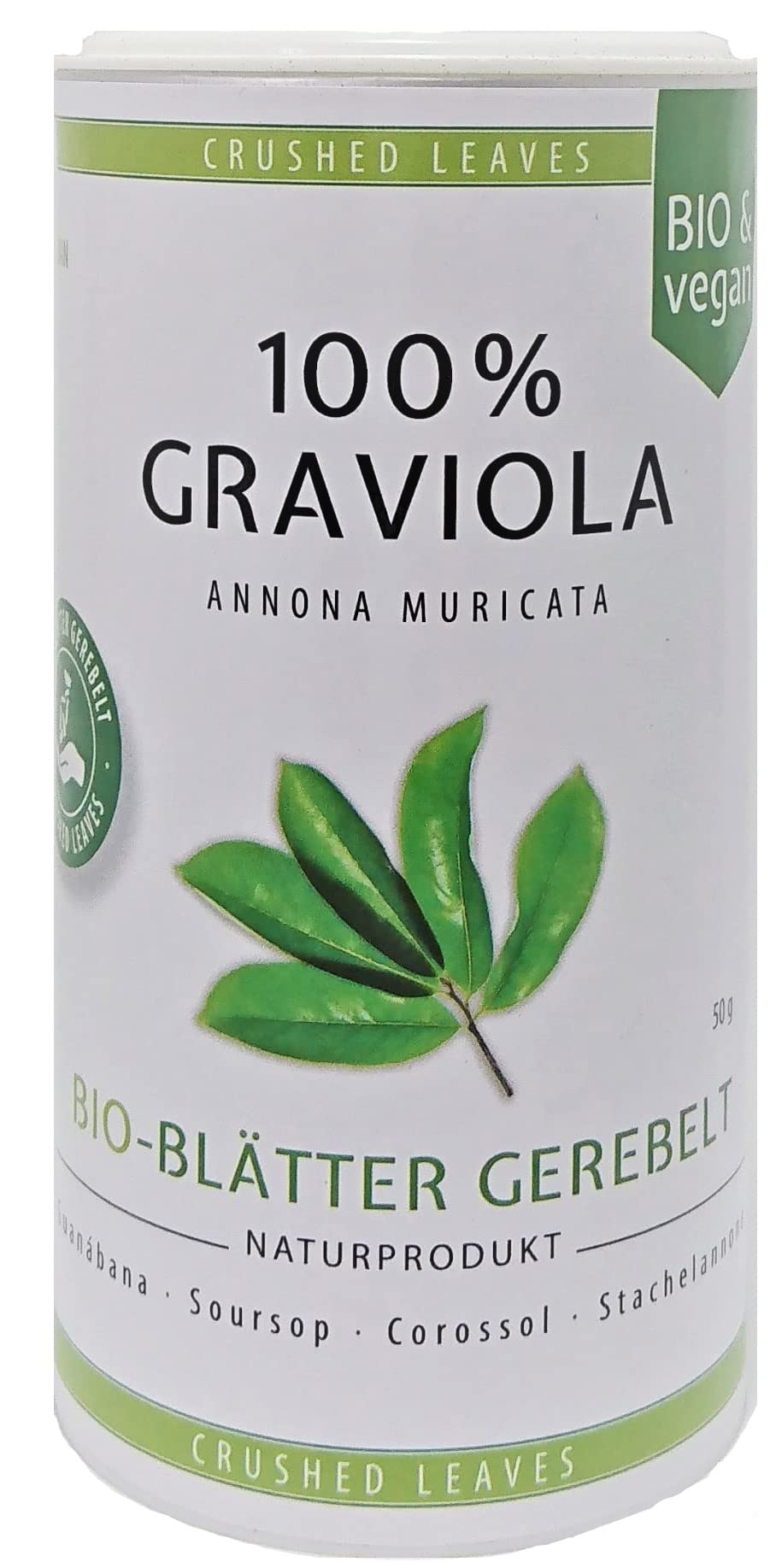 100% Organic Soursop, New Harvest -Crushed leavves- 50 gr- Easy to dose. Pure & Vegan. Manufacturer Graviola.de