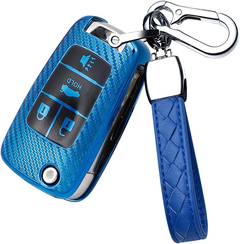 HIBEYO TPU Carbon Fiber Texture Car Key Fob Cover with Keychain fits for Chevy Chevrolet Camaro Cruze Malibu Equinox Sonic Impala Car Key Cover Case Smart Remote Car Key Holder 4 Button Green