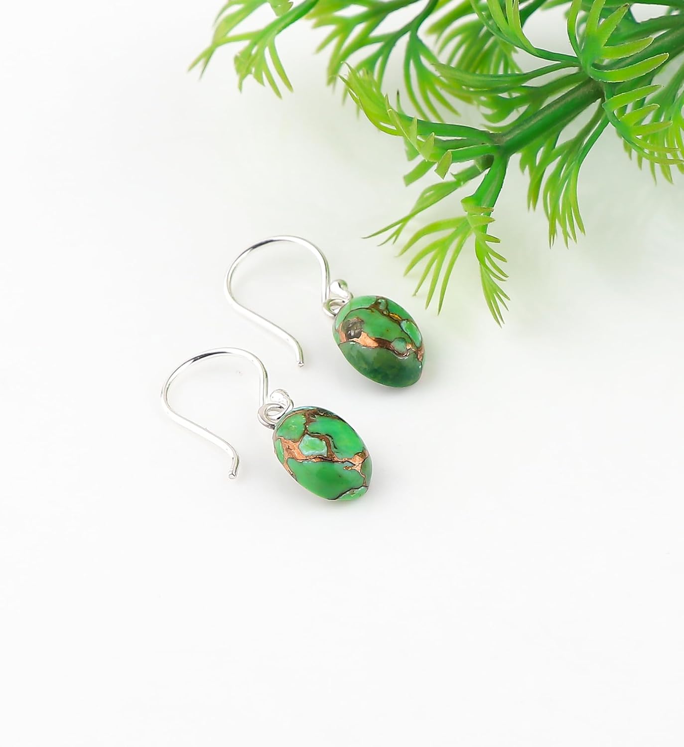 925 Sterling Silver Earrings, Genuine Green Turquoise Gemstone, High Grade Cabochon Stones, Handmade Earrings, Chakra Healing Crystals, Birthstone Minimalist Gift for Women - Image 2