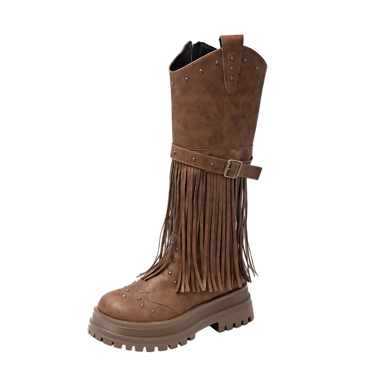 Botas de Invierno Mujer Botas Altas hasta la Rodilla de Moda con Detalle Flecos y Suela Plataforma, cómodas otoño e Invierno con Cremallera Lateral.