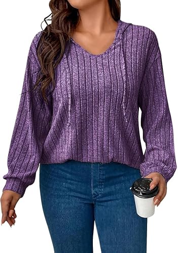 Kenhansion Womens V Neck Drawstring Long Sleeve Hoodies Drop Shoulder Sweatshirt Trendy Solid Oversize Pullover Hoodie Tops (Dark Purple,3X-Large)